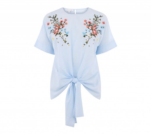Warehouse FREIDA STRIPE EMBROIDERED TOP / light blue front tie tops - flipped