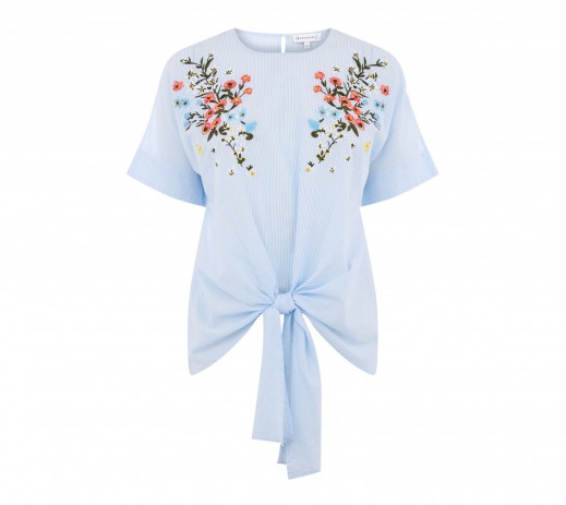 Warehouse FREIDA STRIPE EMBROIDERED TOP / light blue front tie tops