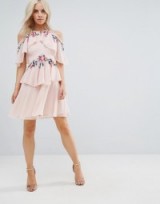 Frock And Frill Petite Floral Embroidered Cold Shoulder Tiered Mini Dress With Open Back Detail – pink ruffled party dresses