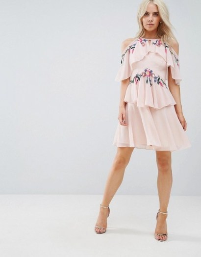 Frock And Frill Petite Floral Embroidered Cold Shoulder Tiered Mini Dress With Open Back Detail – pink ruffled party dresses - flipped