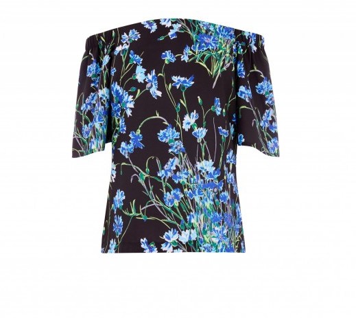 Warehouse FULL BLOOM WOVEN FRONT BARDOT / pretty cornflower print off the shoulder top - flipped