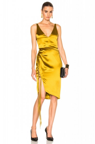 Heidi Klum gold silk dress, Isabella Dress by Galvan, arriving at Good Morning America in New York, 6 July 2017. Celebrity dresses | star style fashion