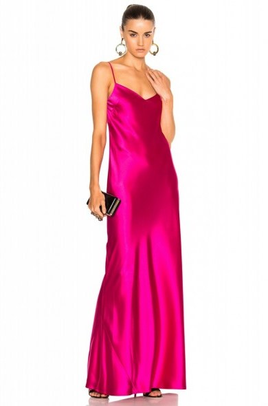 GALVAN V Neck Satin Slip Dress Fuchsia | long pink cami dresses - flipped