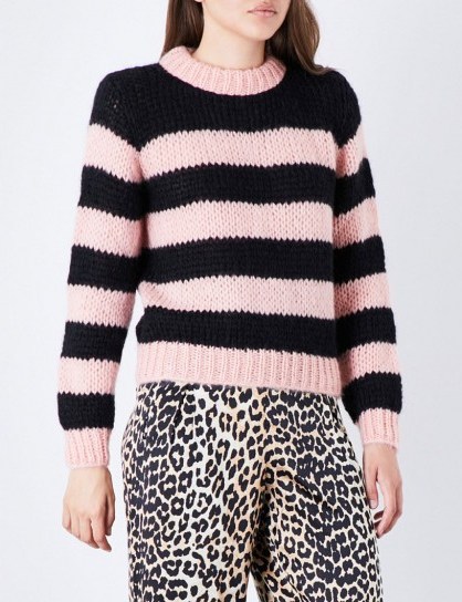 GANNI Faucher wool and mohair-blend jumper | pink and black stripe jumpers | chunky knitwear - flipped