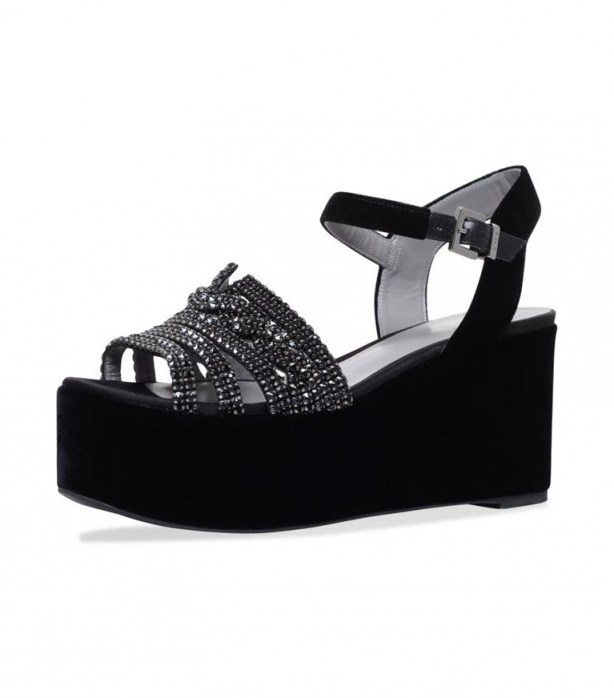 Gina Luzon Embellished Wedge Shoes – black velvet wedges - flipped