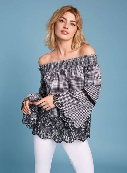 Miss Selfridge Gingham Embroidered Bardot Top – check print off the shoulder tops - flipped