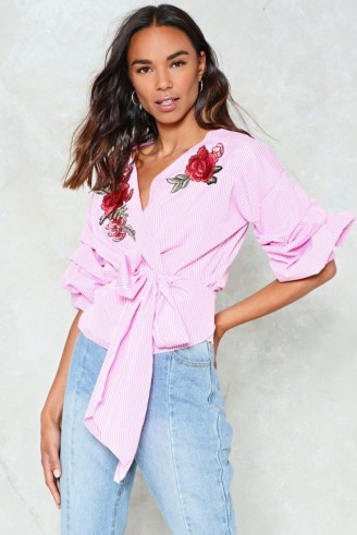 Nasty Gal Gingham Embroidered Wrap Top