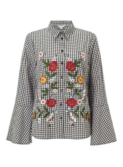 Miss Selfridge Gingham Flute Sleeve Shirt | floral embroidered check shirts