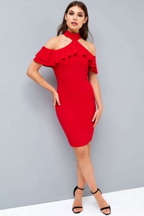 GIRLS ON FILM RED COLD SHOULDER BODYCON DRESS