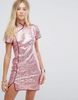 Glamorous High Neck Shift Dress In Sequin | pink sequined oriental style dresses