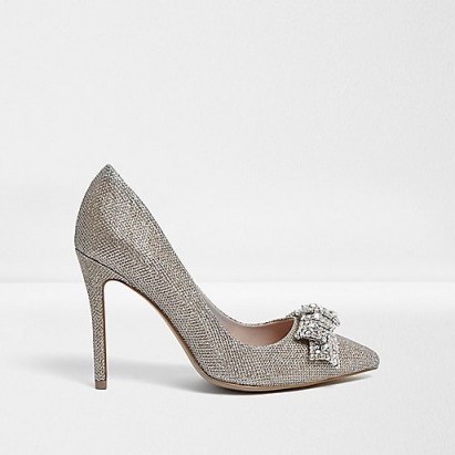 River Island Gold embellished bow court shoes – diamante encrusted courts – glamorous high heels - flipped
