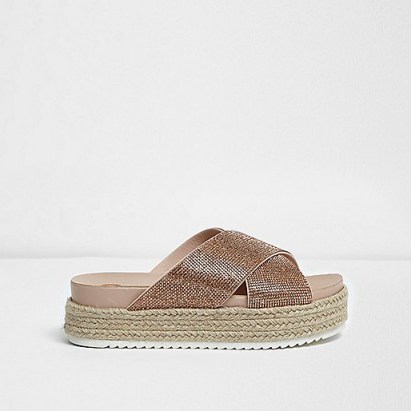 River Island Gold embellished espadrille flatform sandals | luxe style flatforms | flat summer shoes - flipped