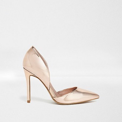 River Island Gold patent two part court shoes – glamorous courts – pointed toe high heel pumps - flipped