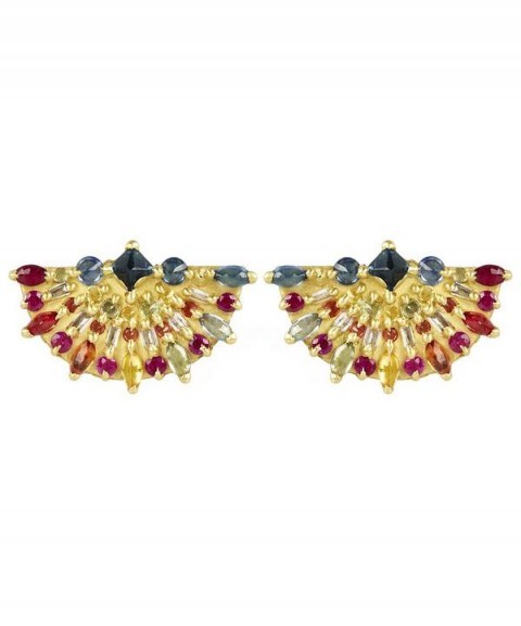 POLLY WALES Gold Pinched Rainbow Sapphire Fan Earrings - flipped