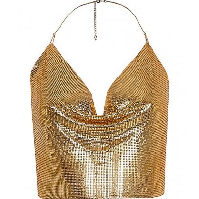 RIVER ISLAND Gold tone chainmail halter neck top - flipped