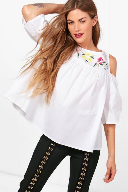boohoo Grace Embroidered Cold Shoulder Woven Top