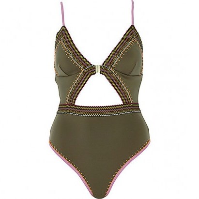 River Island Green saddle stitch trim cut out swimsuit – strappy plunge front swimsuits – summer swimwear - flipped