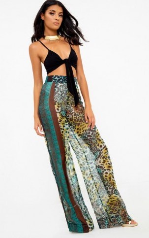 pretty little thing GREEN SHEER SCARF PRINT WIDE LEG TROUSERS - flipped