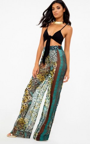 pretty little thing GREEN SHEER SCARF PRINT WIDE LEG TROUSERS