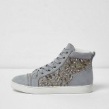 River Island Grey embellished hi top lace-up trainers | jewelled sneakers | sports luxe flat shoes