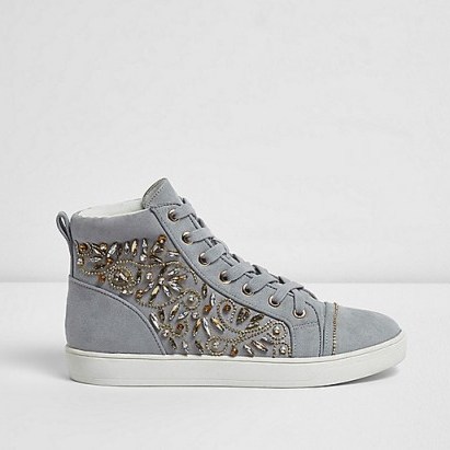 River Island Grey embellished hi top lace-up trainers | jewelled sneakers | sports luxe flat shoes - flipped