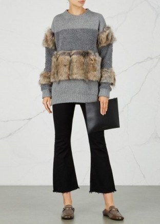 STELLA MCCARTNEY Grey faux fur-embellished wool jumper ~ textured crew neck jumpers ~ luxe knitwear - flipped