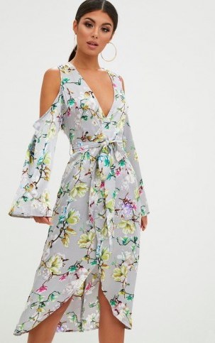 pretty little thing GREY FLORAL SATIN MIDI DRESS – summer occasion dresses – garden parties – wedding guest outfit - flipped