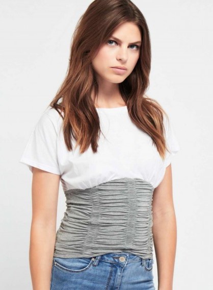 Miss Selfridge Grey Ruched Corset T-Shirt | fitted tees | on-trend t-shirts - flipped
