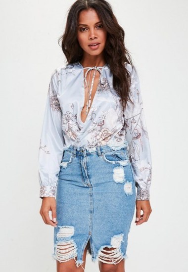 missguided grey satin floral print bodysuit - flipped