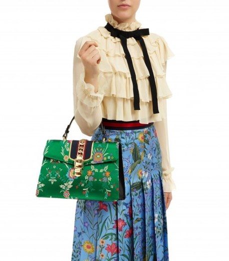 Gucci Large Sylvie Floral Silk Top Handle Bag ~ chic green handbags - flipped
