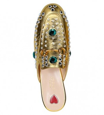 GUCCI Princetown jewel leather slippers – gold luxe embellished flats - flipped