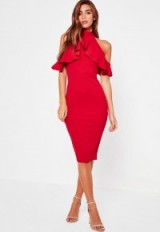missguided high neck frill cold shoulder midi dress red ~ ruffled party dresses