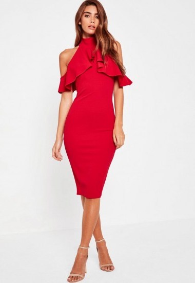 missguided high neck frill cold shoulder midi dress red ~ ruffled party dresses - flipped
