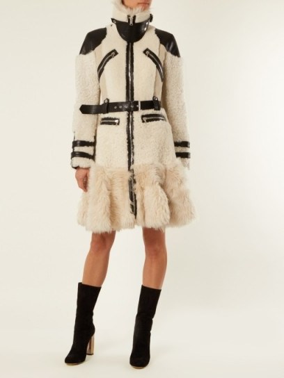ALEXANDER MCQUEEN High-neck leather-trimmed shearling coat ~ off-white statement winter coats - flipped