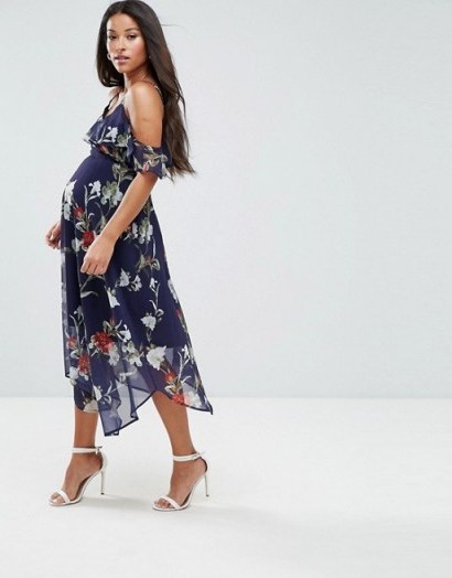 Hope & Ivy Maternity Midi Dress With Asymmetric Hem ~ pregnancy occasion fashion ~ floral cold shoulder dresses - flipped