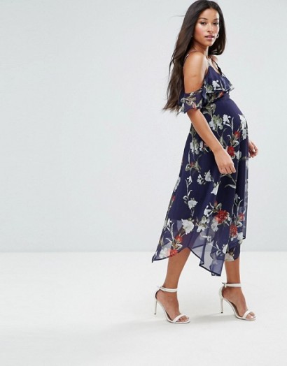 Hope & Ivy Maternity Midi Dress With Asymmetric Hem ~ pregnancy occasion fashion ~ floral cold shoulder dresses