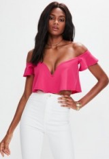 missguided hot pink sweetheart frill bardot crop top