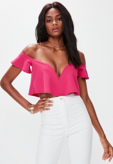 missguided hot pink sweetheart frill bardot crop top - flipped