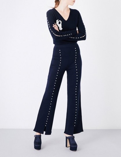 HUISHAN ZHANG Caron faux pearl-embellished flared wool trousers - flipped