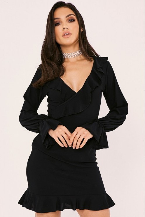 In The Style JAIMY BLACK WRAP FRONT LONG SLEEVE FRILL DRESS - flipped