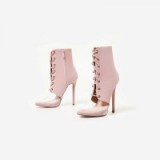 EGO Jaxson Perspex Lace Up Heel In Blush Faux Suede ~ pink peep toe boots