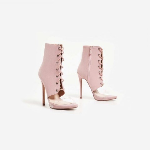 EGO Jaxson Perspex Lace Up Heel In Blush Faux Suede ~ pink peep toe boots - flipped
