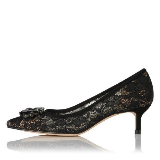 LK Bennett JULIET BLACK LACE COURTS ~ black floral court shoes - flipped