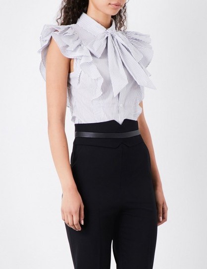 KAREN MILLEN Stripe-print cotton-blend shirt – ruffled shirts/blouses - flipped