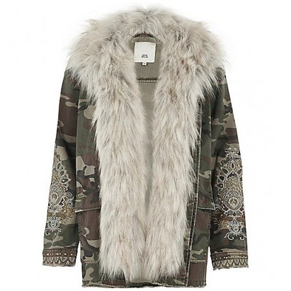RIVER ISLAND Khaki camo fur trim embellished army jacket ~ camouflage print jackets ~ casual winter coats - flipped