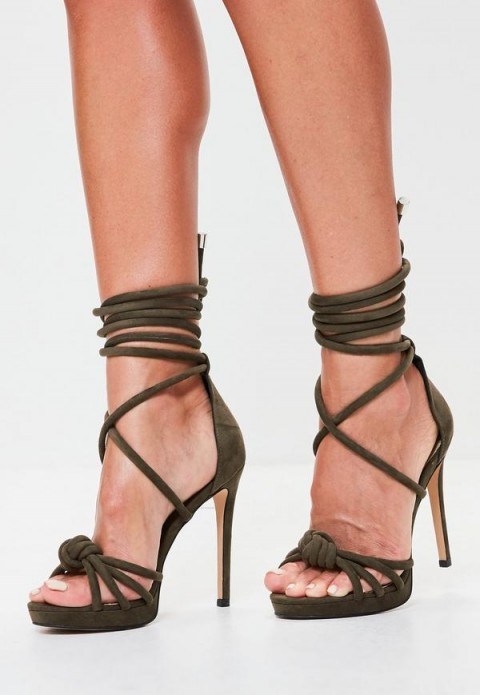MISSGUIDED khaki knot front platform heeled sandals - flipped