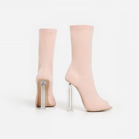 Kikee Perspex Peep Toe Ankle Boot In Blush Lycra – pink clear heel boots – high heels - flipped