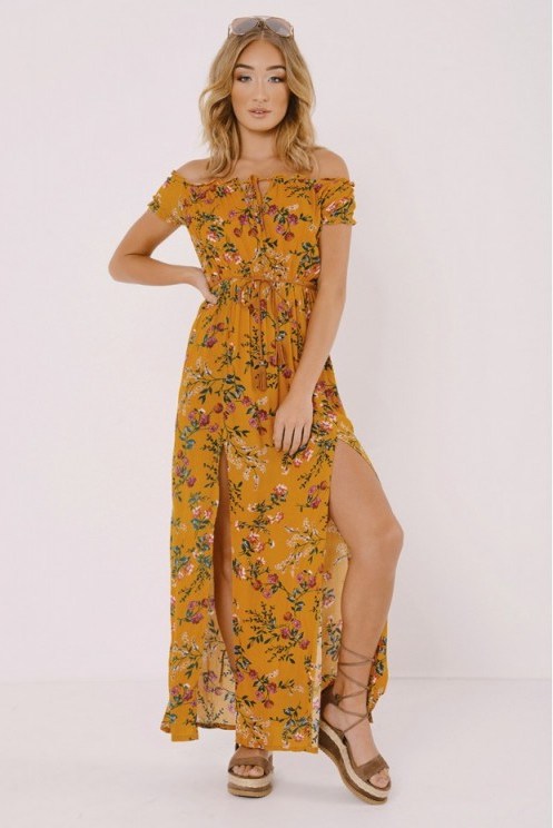 In The Style KIRSTIN YELLOW FLORAL SPLIT FRONT MAXI DRESS – bardot dresses - flipped