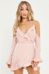 in the style KRISTABELLE NUDE SILKY COLD SHOULDER FRILL WRAP DRESS