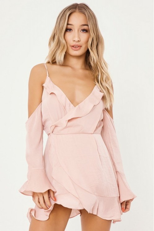 in the style KRISTABELLE NUDE SILKY COLD SHOULDER FRILL WRAP DRESS - flipped